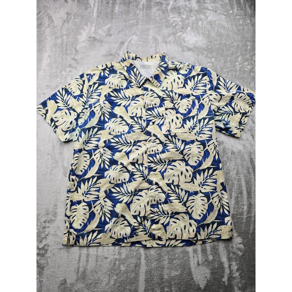 Columbia PFG Shirt Mens XL Blue Leaf Hawaiian Tropical Button Up Short Sleeve